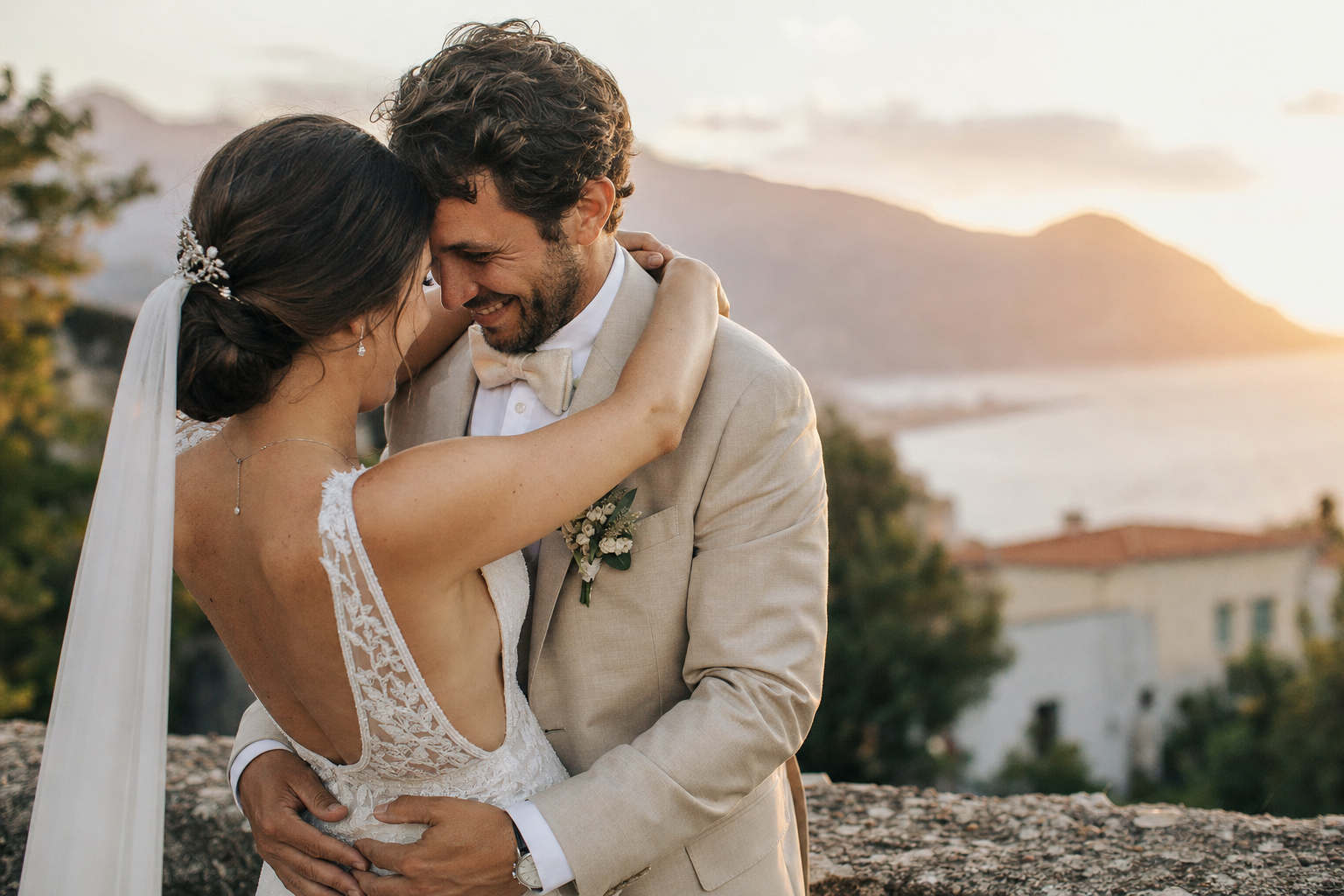 Photographe de mariage capturant les mariés à la lumière dorée
